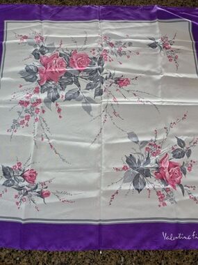 Valentina Fiore Scarf Purple/White Pink Roses Vintage Made In Italy 30"  READ